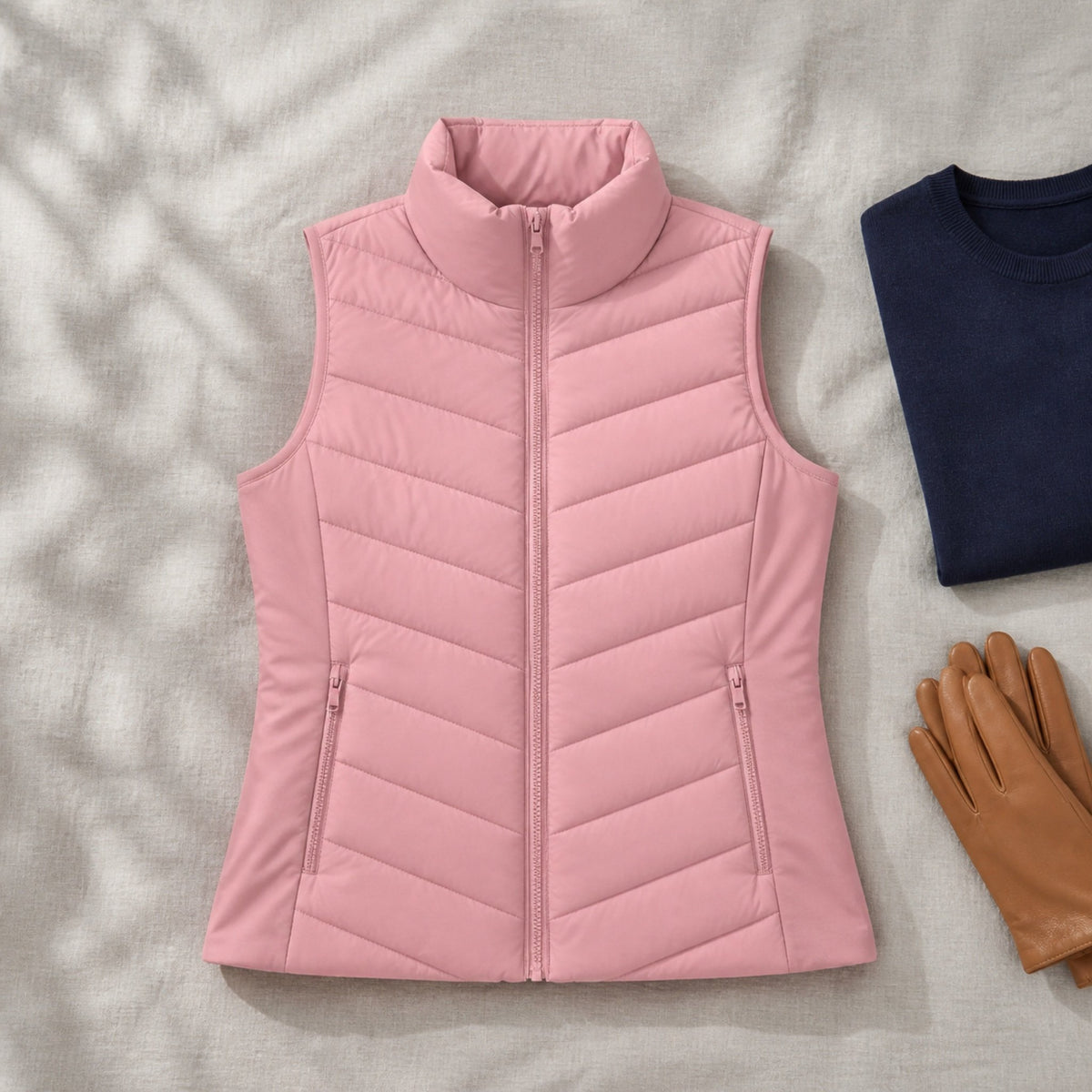 The Rowan | Quilted Gilet, Baby Pink — flat lay