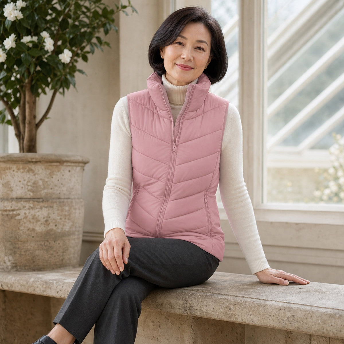 The Rowan | Quilted Gilet, Baby Pink — seated casual