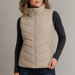 The Rowan | Quilted Gilet, Beige — zip pocket detail
