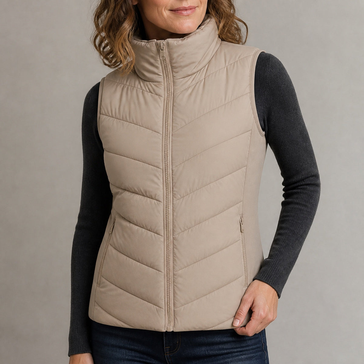 The Rowan | Quilted Gilet, Beige — zip pocket detail