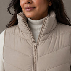 The Rowan | Quilted Gilet, Beige — collar front zip detail