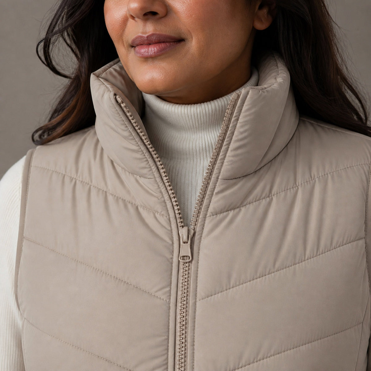 The Rowan | Quilted Gilet, Beige — collar front zip detail