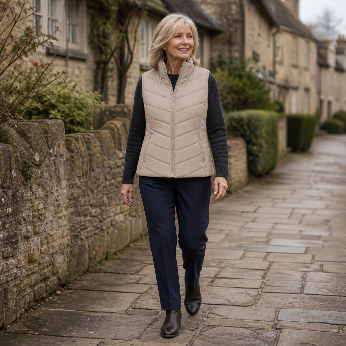 The Rowan | Quilted Gilet, Beige — outdoor walk