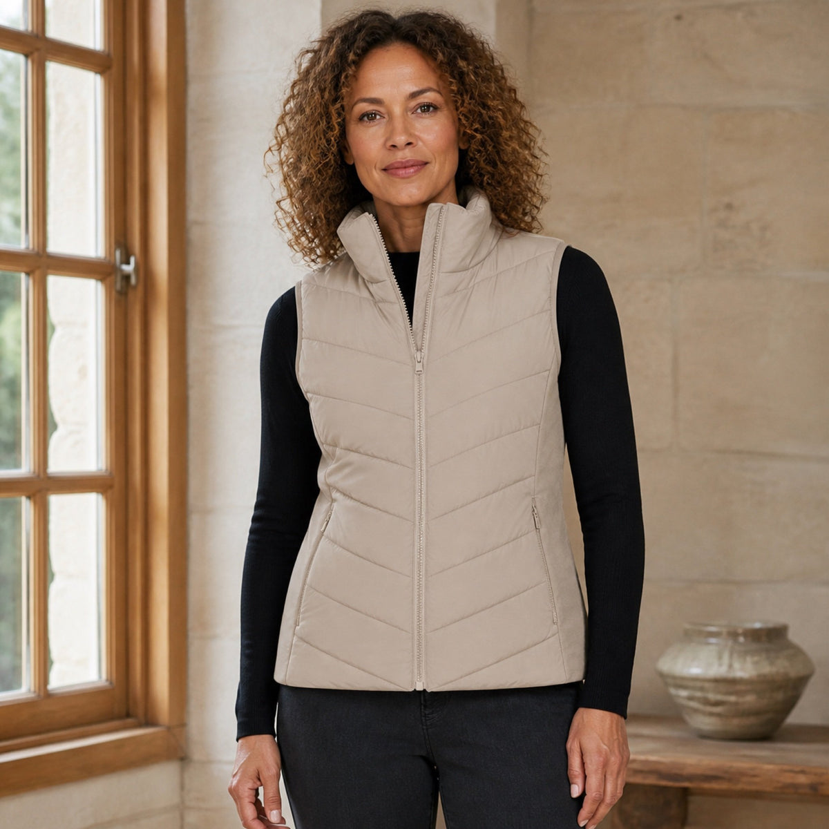 The Rowan | Quilted Gilet, Beige — indoor editorial