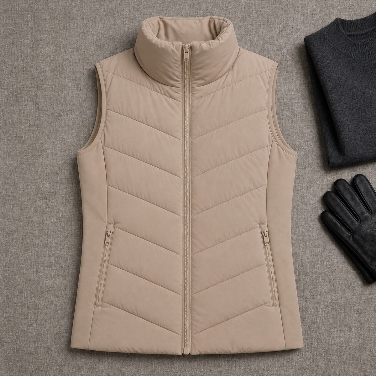 The Rowan | Quilted Gilet, Beige — flat lay