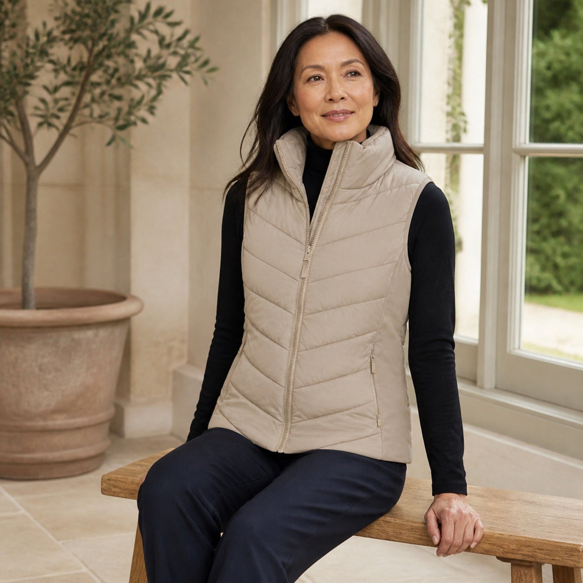 The Rowan | Quilted Gilet, Beige — seated casual