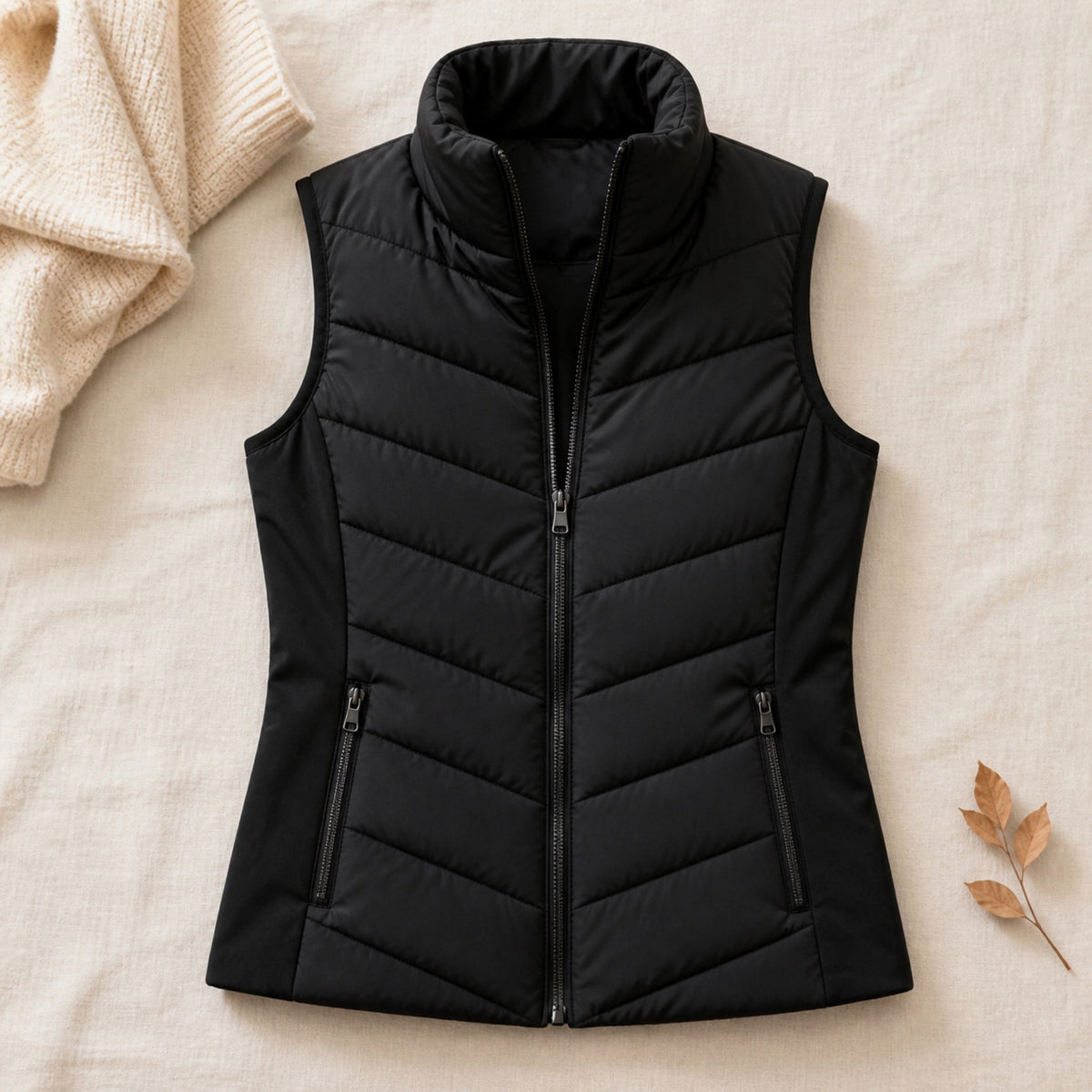 The Rowan | Quilted Gilet, Black — flat lay