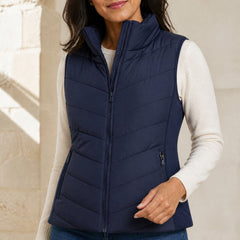 The Rowan | Quilted Gilet, Navy — zip pocket detail