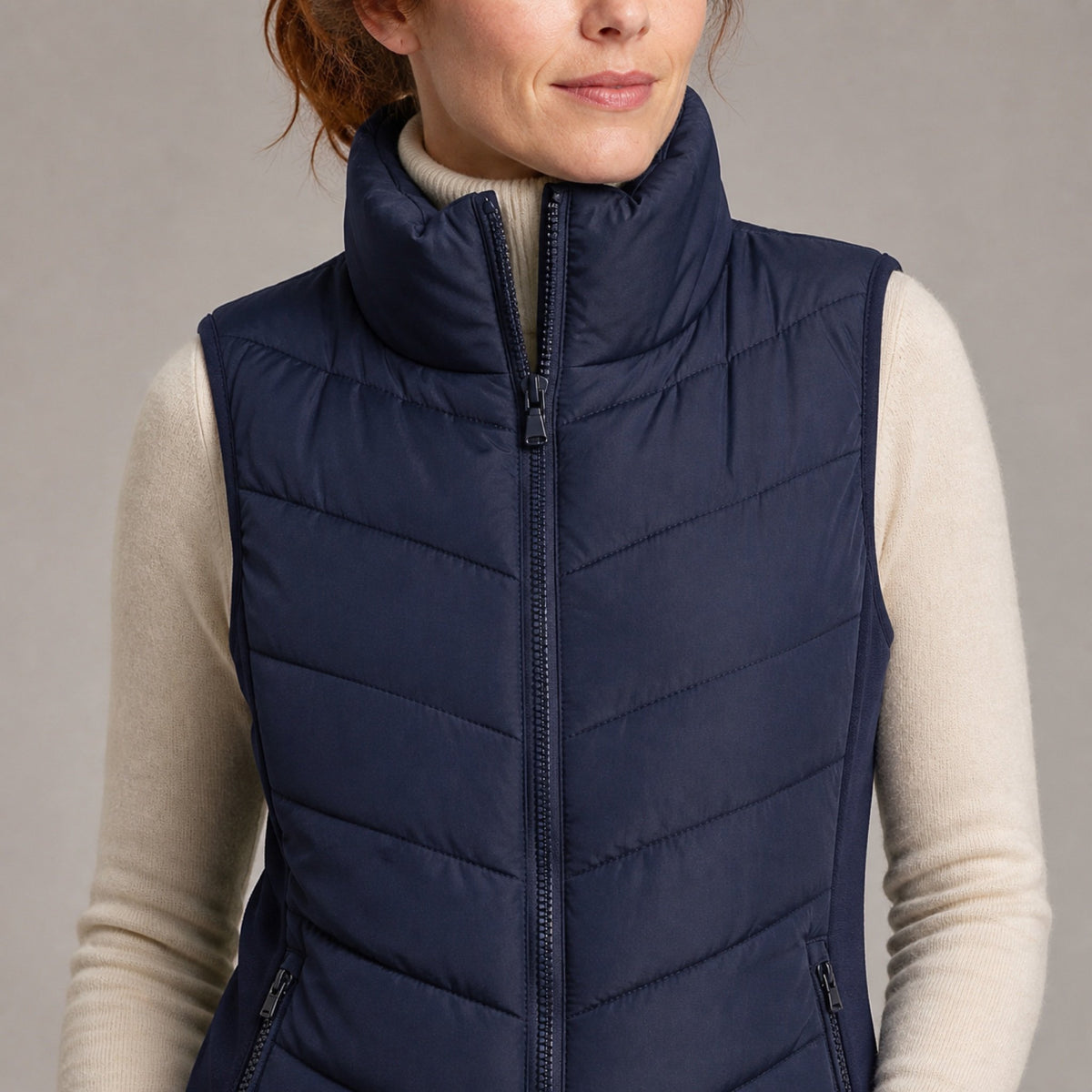 The Rowan | Quilted Gilet, Navy — collar front zip detail