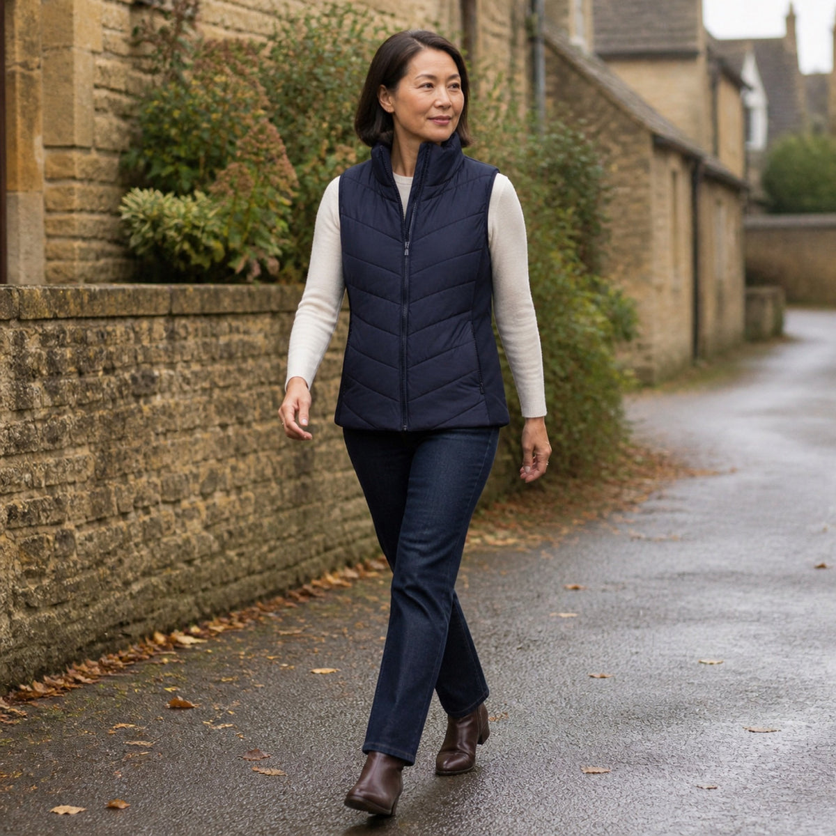The Rowan | Quilted Gilet, Navy — outdoor walk