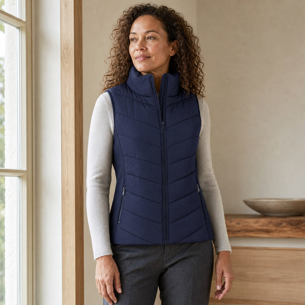 The Rowan | Quilted Gilet, Navy — indoor editorial