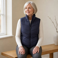 The Rowan | Quilted Gilet, Navy — seated casual