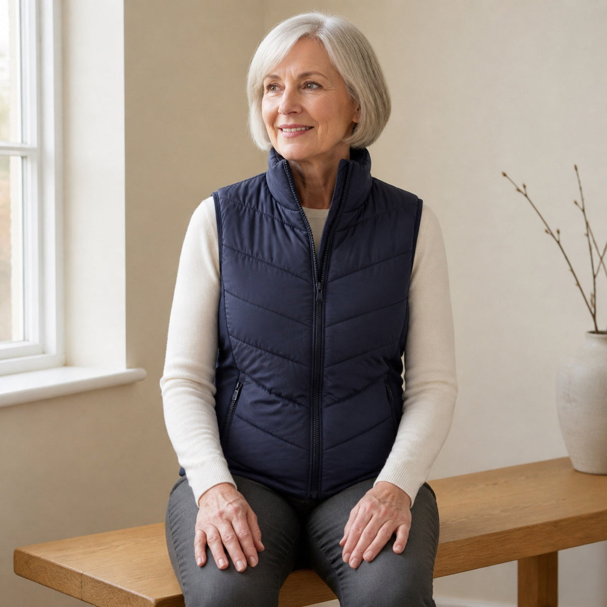 The Rowan | Quilted Gilet, Navy — seated casual