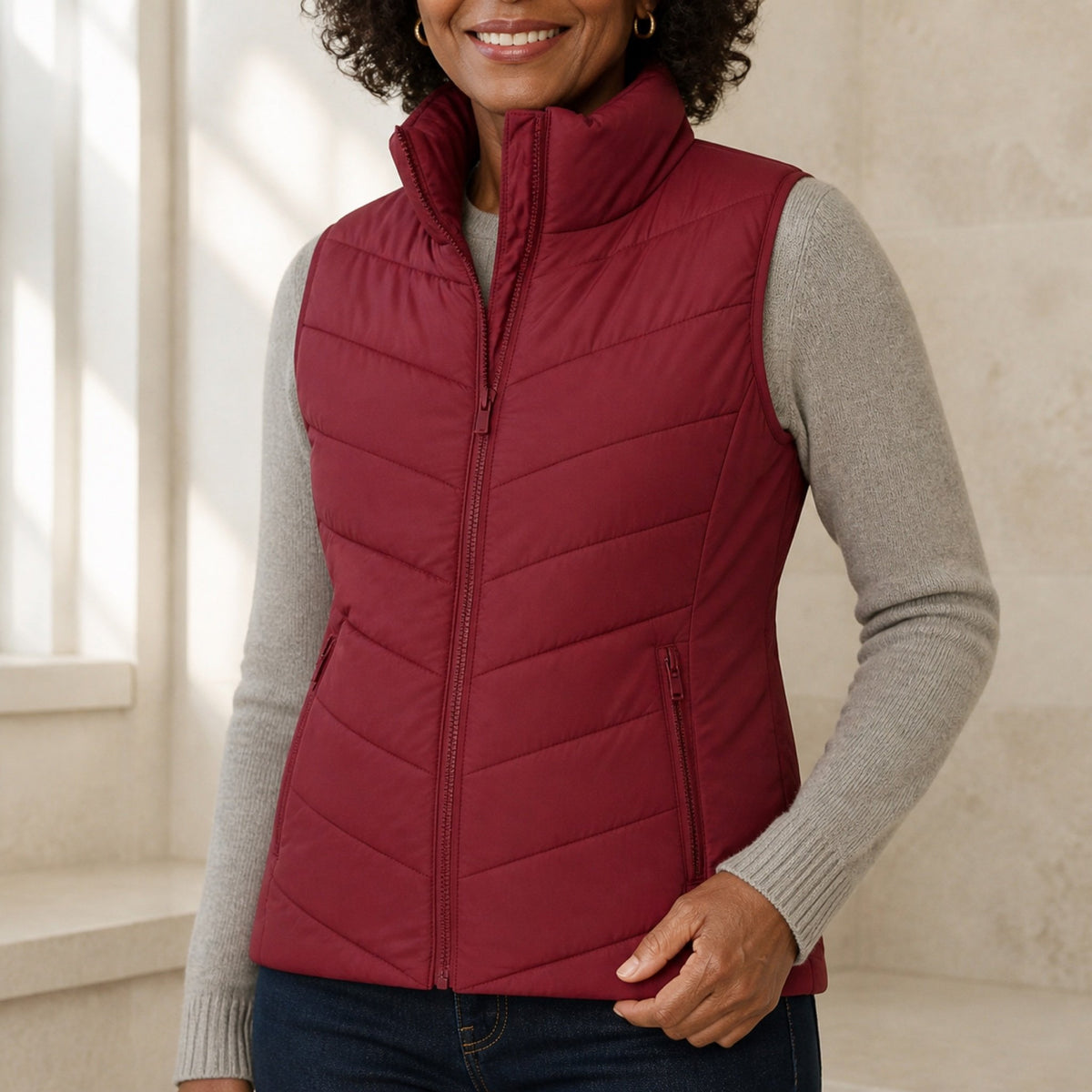 The Rowan | Quilted Gilet, Red — zip pocket detail