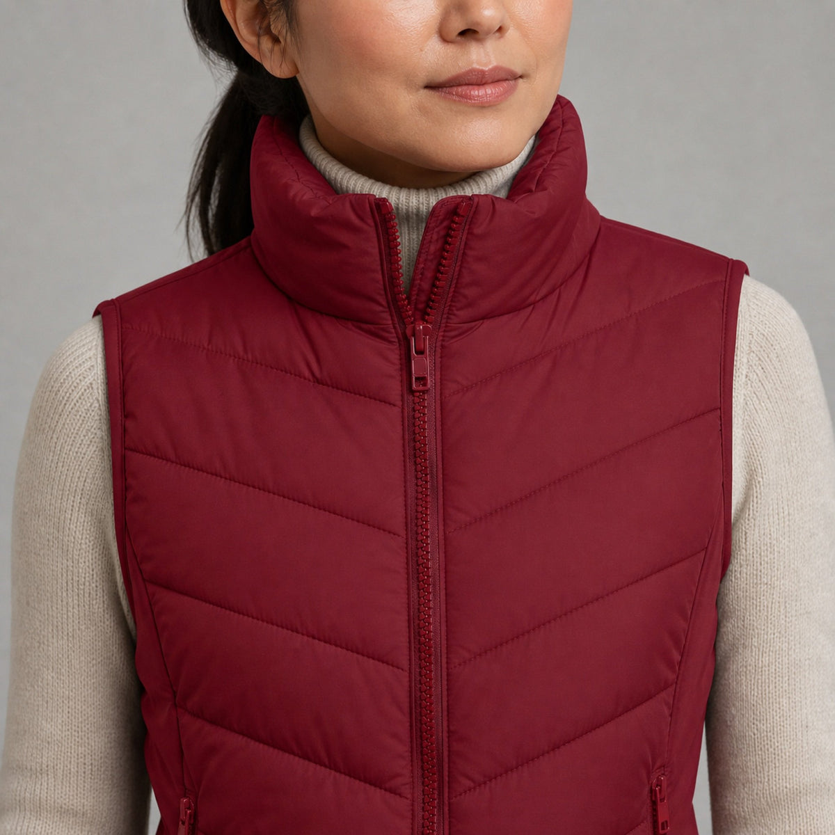 The Rowan | Quilted Gilet, Red — collar front zip detail