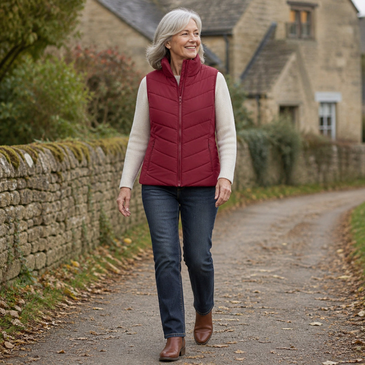 The Rowan | Quilted Gilet, Red — outdoor walk