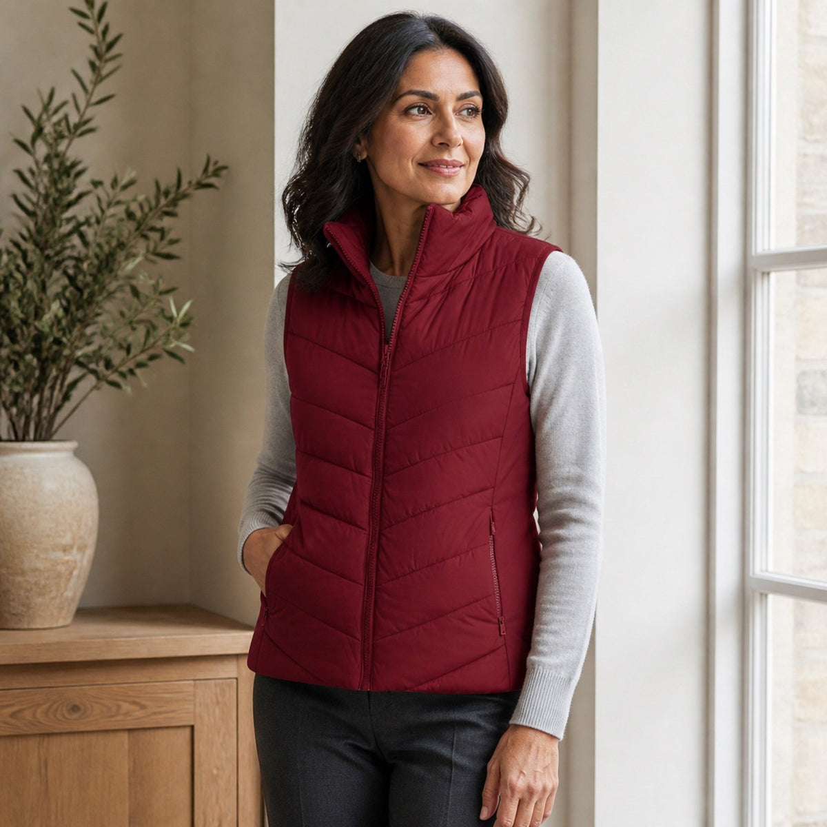 The Rowan | Quilted Gilet, Red — indoor editorial