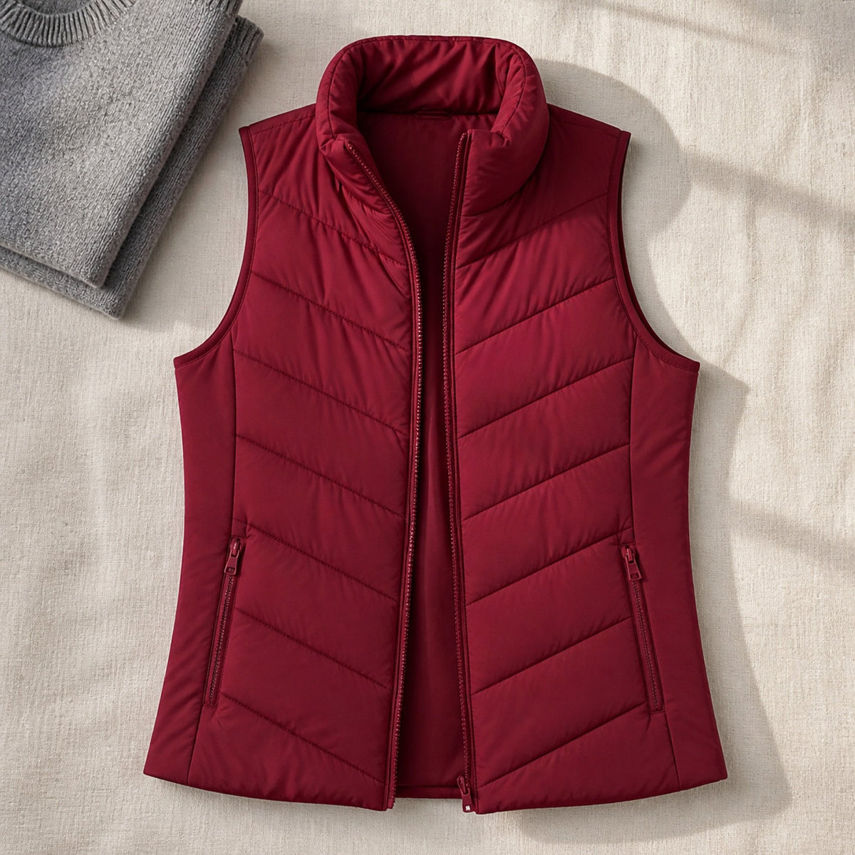 The Rowan | Quilted Gilet, Red — flat lay