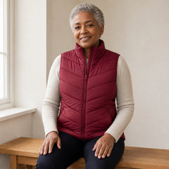 The Rowan | Quilted Gilet, Red — seated casual