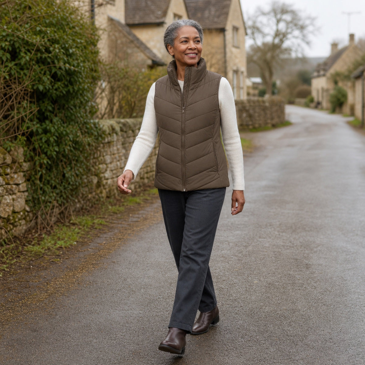 The Rowan | Quilted Gilet, Vintage Brown — outdoor walk