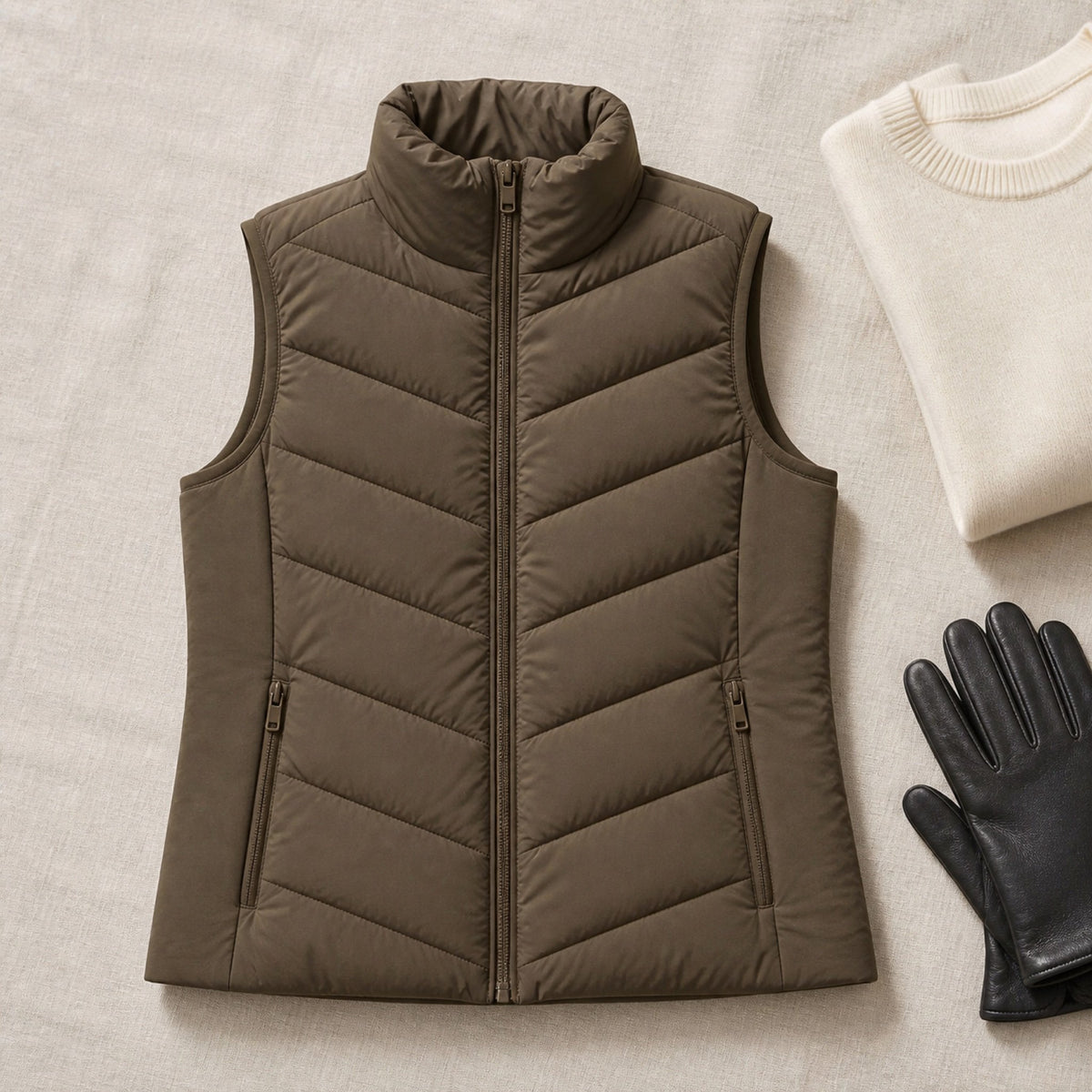 The Rowan | Quilted Gilet, Vintage Brown — flat lay