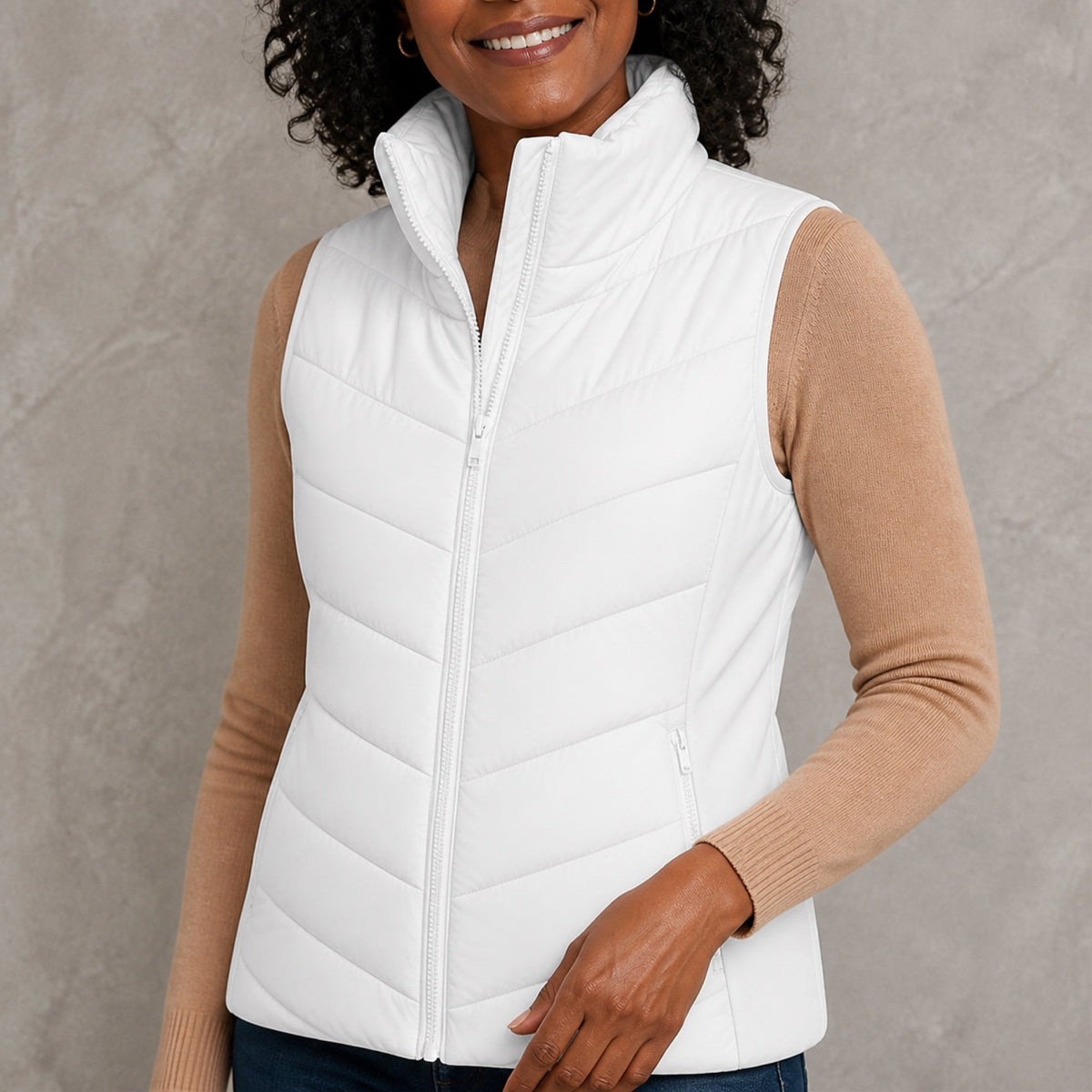The Rowan | Quilted Gilet, White — zip pocket detail