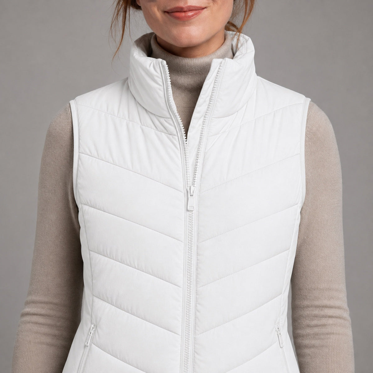 The Rowan | Quilted Gilet, White — collar front zip detail