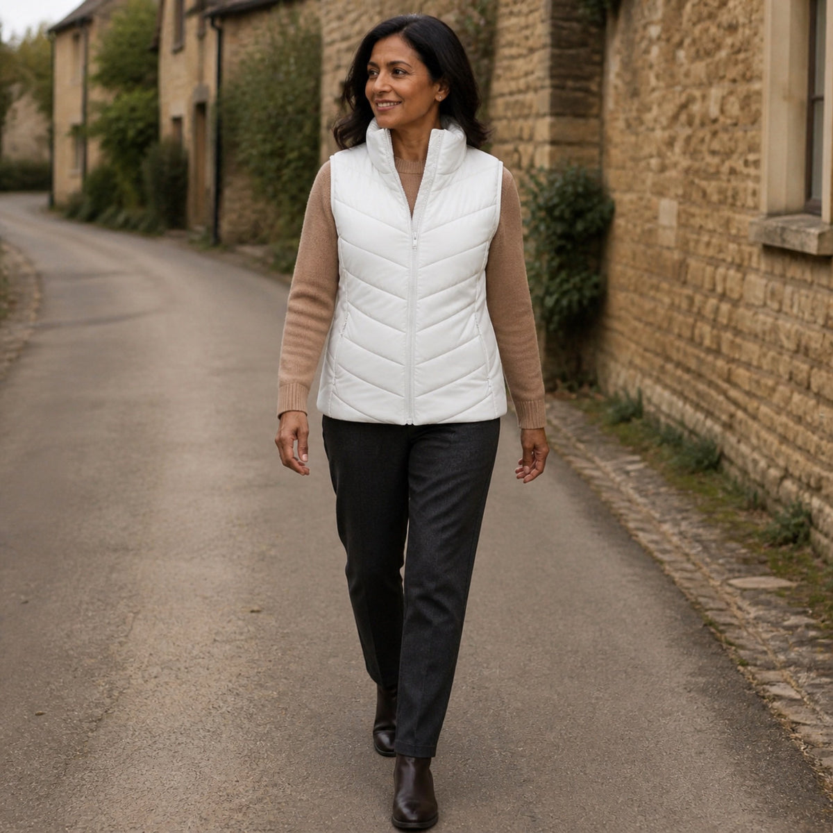 The Rowan | Quilted Gilet, White — outdoor walk