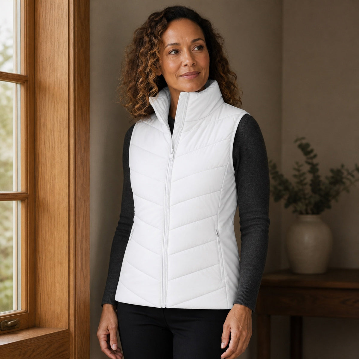 The Rowan | Quilted Gilet, White — indoor editorial