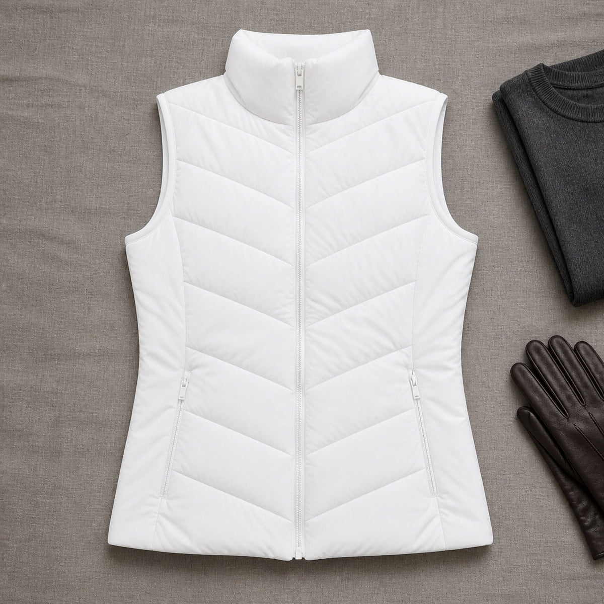 The Rowan | Quilted Gilet, White — flat lay