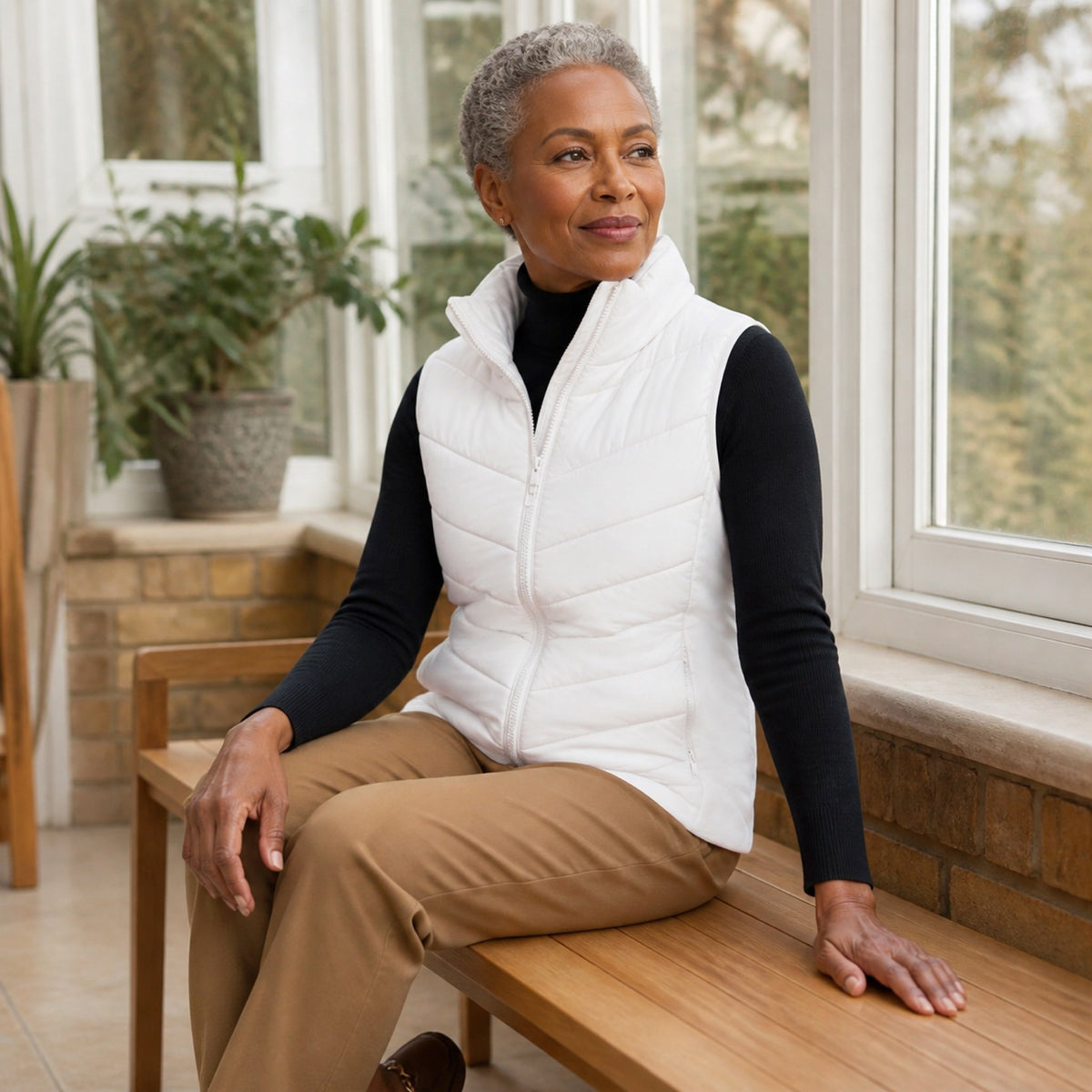 The Rowan | Quilted Gilet, White — seated casual