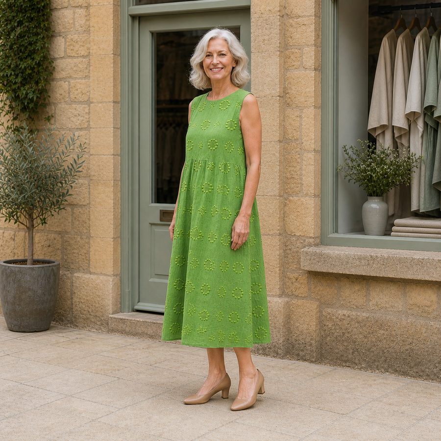 Sara midi dress in Green — three-quarter view on Rose outside the Cotswold boutique