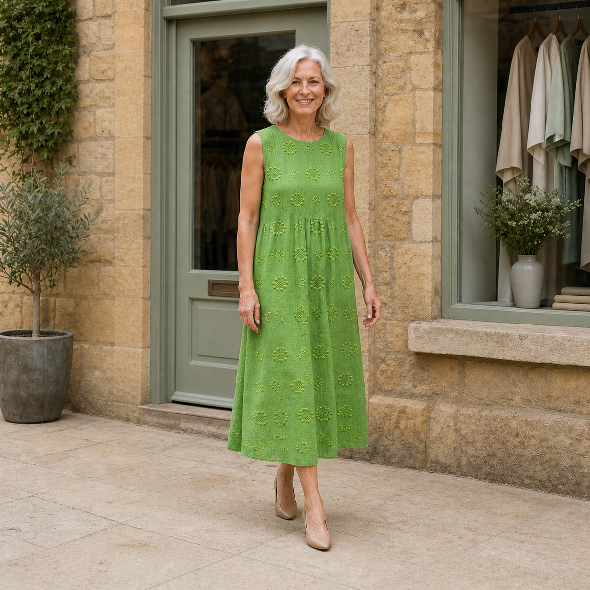 Sara midi dress in Green — walking view on Rose outside the Cotswold boutique