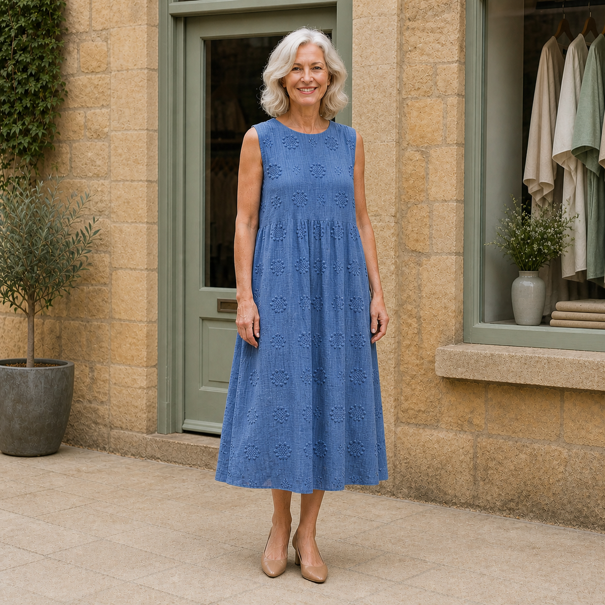 Sara midi dress in Blue — full front view on Rose outside the Cotswold boutique
