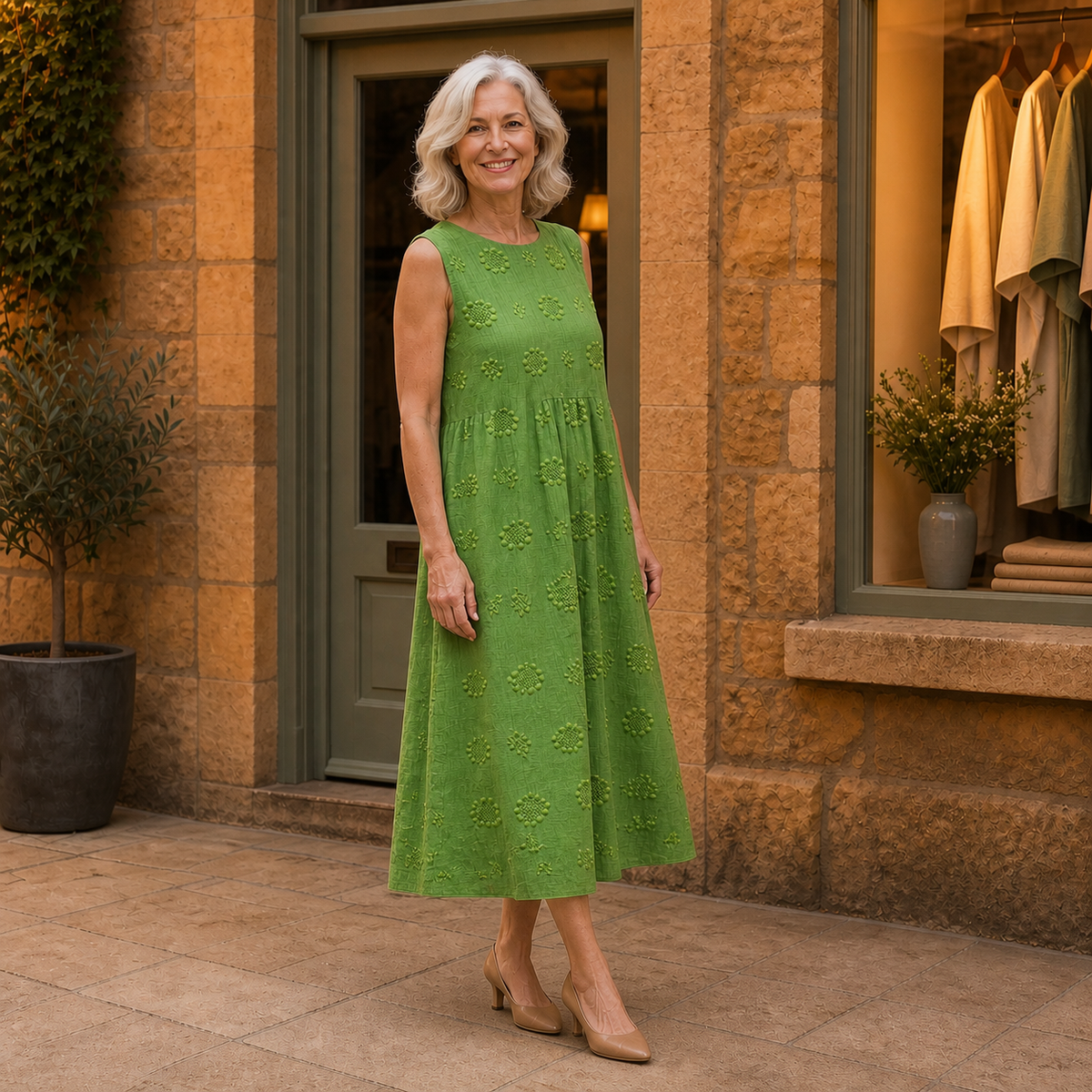 Sara midi dress in Green — early-evening view on Rose outside the Cotswold boutique
