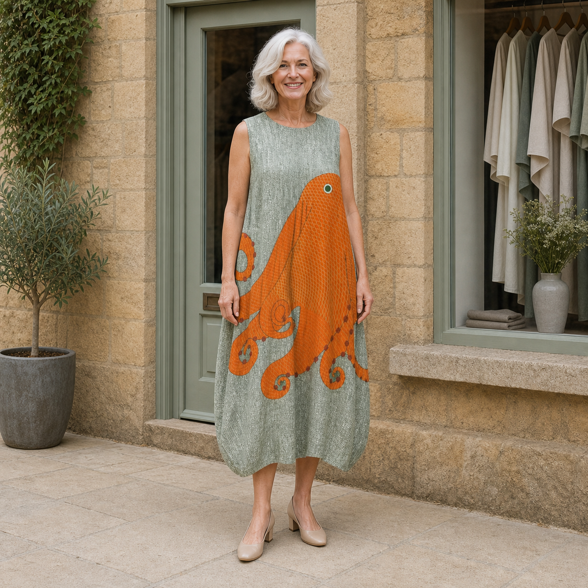 Rose models the sage-grey Tess oceanic midi dress with a large orange octopus motif in a front full-body view outside a pale-stone Cotswold boutique.