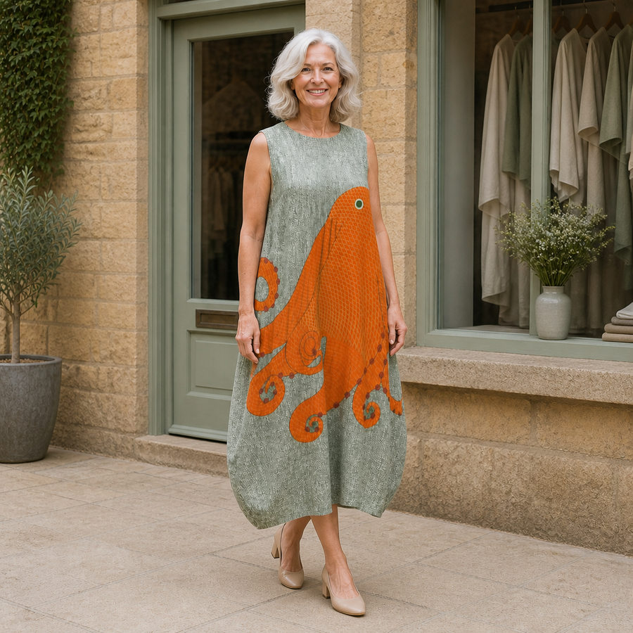 Rose models the sage-grey Tess oceanic midi dress with a large orange octopus motif in a slight three-quarter full-body view outside a pale-stone Cotswold boutique.