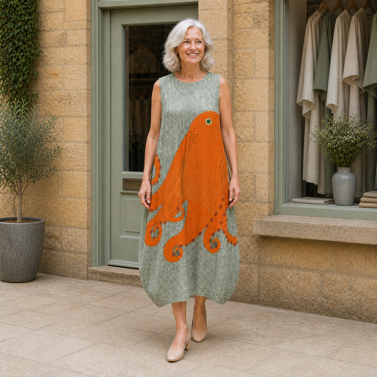 Rose models the sage-grey Tess oceanic midi dress with a large orange octopus motif in a contextual full-body view outside a pale-stone Cotswold boutique.