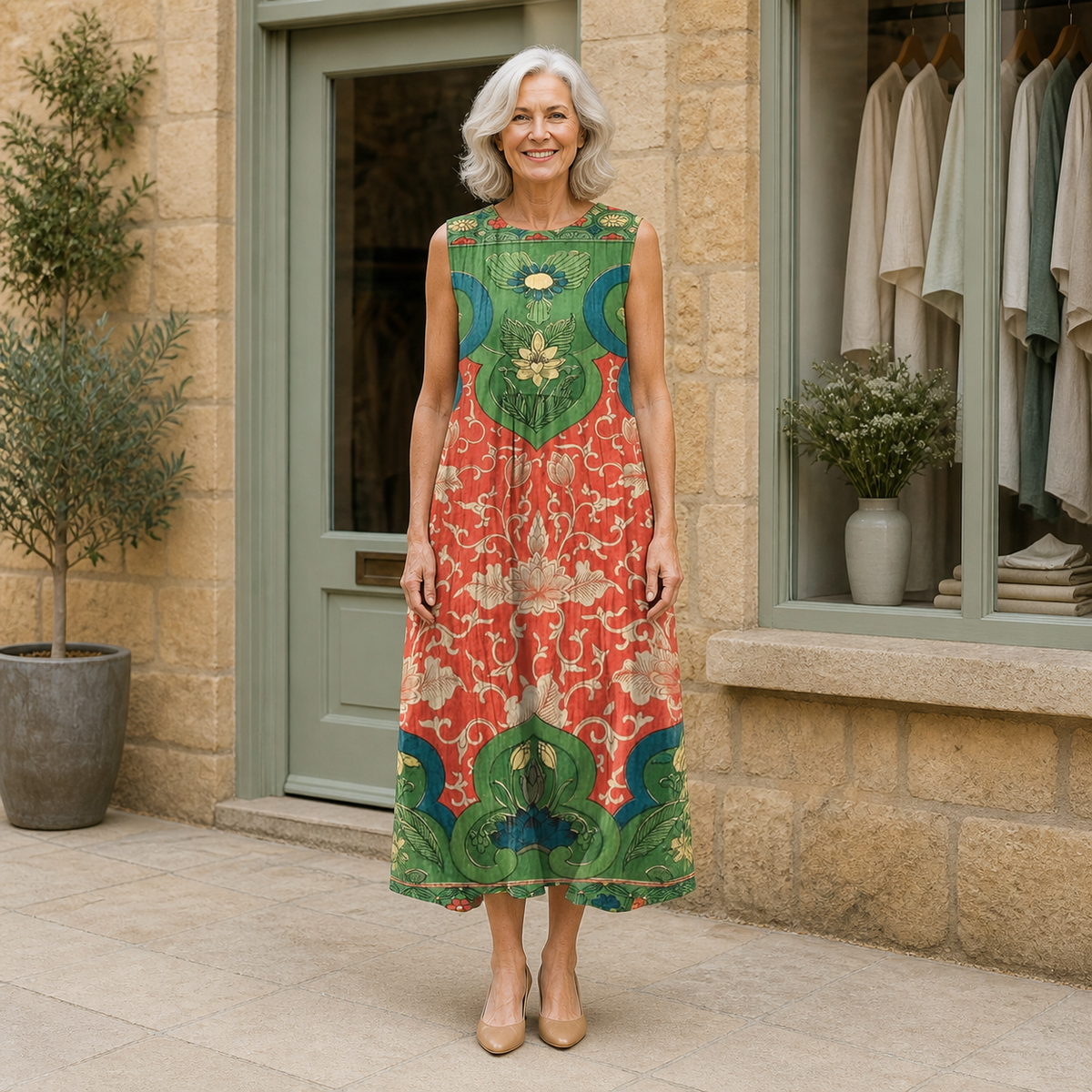 Rose models the green, coral, teal and cream Vera bohemian midi dress in a front full-body view outside a pale-stone Cotswold boutique.