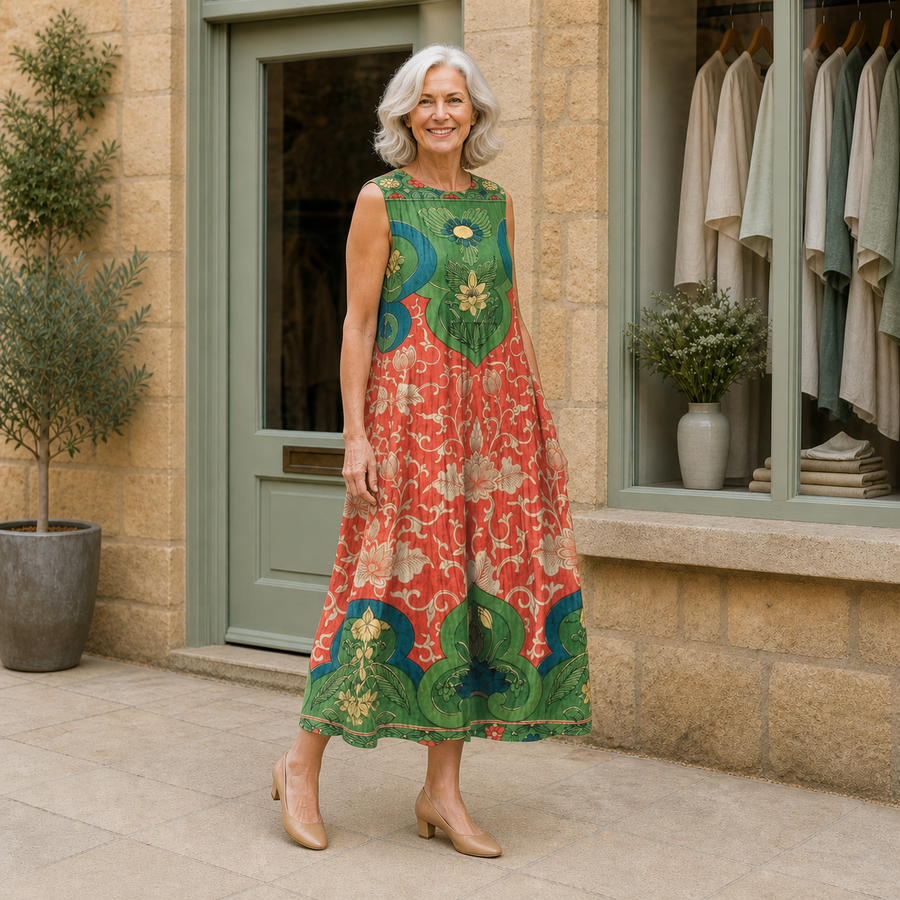 Rose models the green, coral, teal and cream Vera bohemian midi dress in a slight three-quarter full-body view outside a pale-stone Cotswold boutique.
