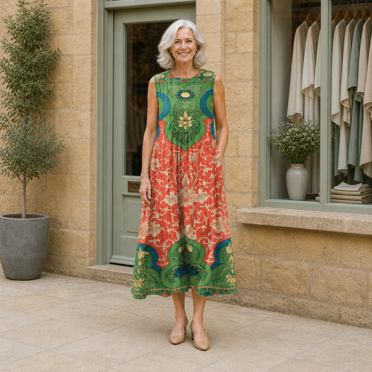 Rose models the green, coral, teal and cream Vera bohemian midi dress in a contextual full-body view outside a pale-stone Cotswold boutique.