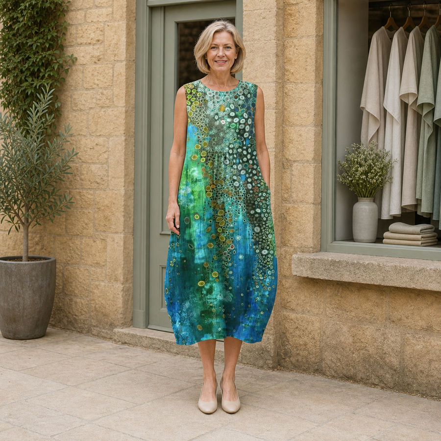 Helen wearing the multicolour Zara Reef Midi Dress, front full-body view outside the Cotswold stone boutique.