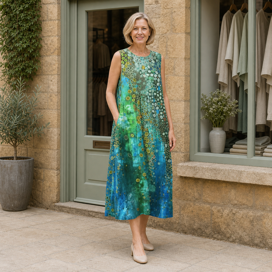 Helen wearing the multicolour Zara Reef Midi Dress, three-quarter full-body view outside the Cotswold stone boutique.