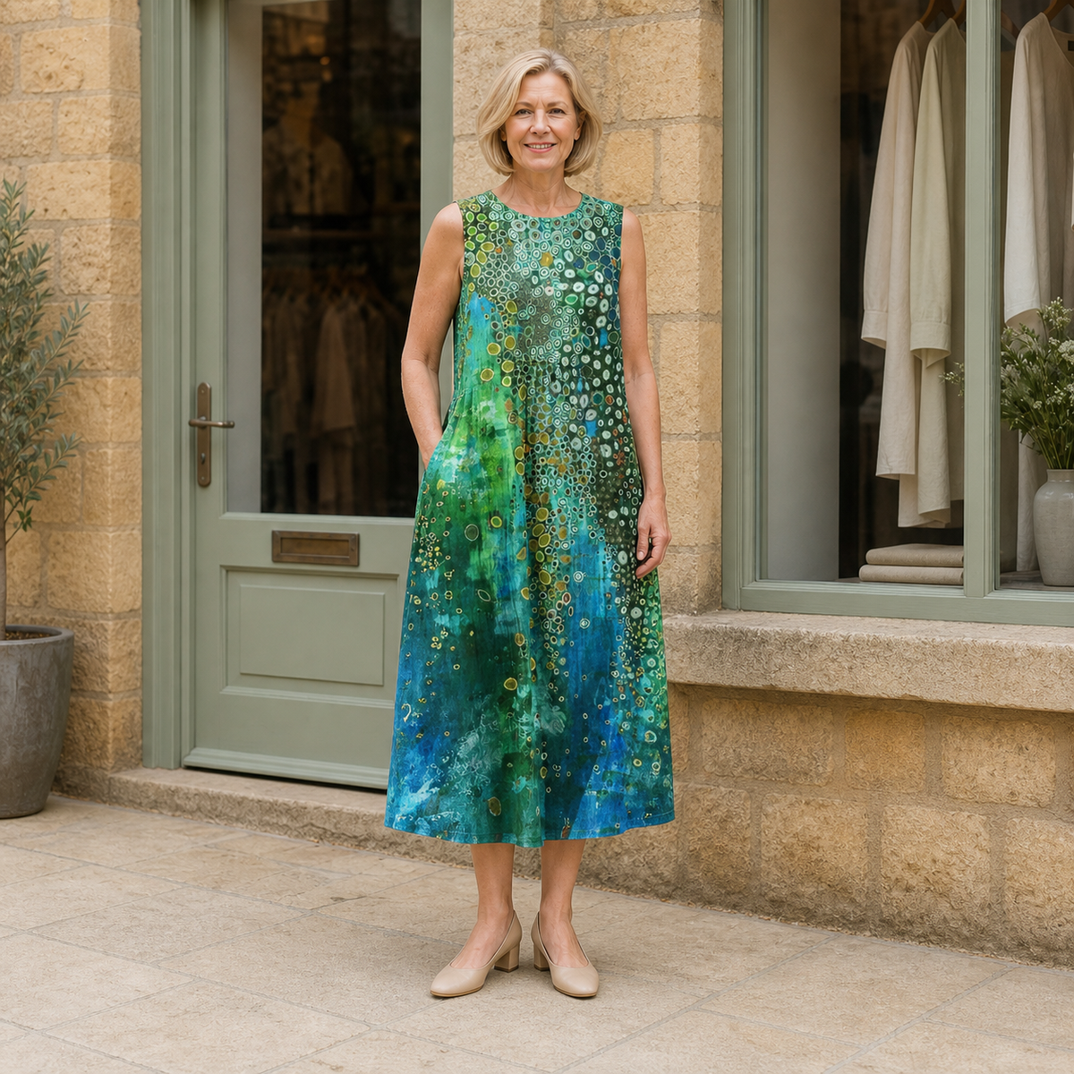 Helen wearing the multicolour Zara Reef Midi Dress, contextual full-body view outside the Cotswold stone boutique.