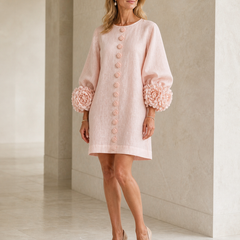 Elowen pink floral-cuff mini dress front three-quarter view