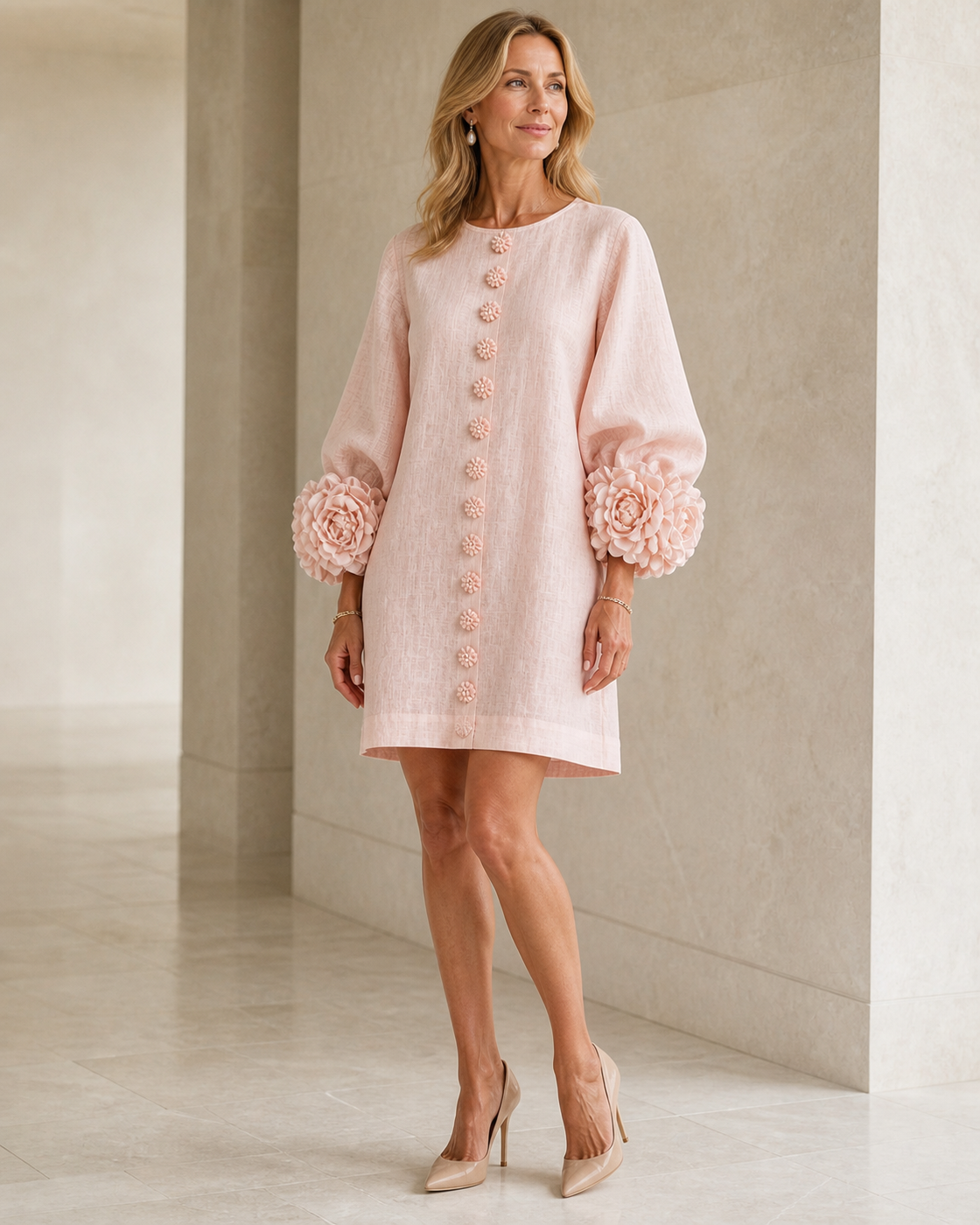 Elowen pink floral-cuff mini dress front three-quarter view