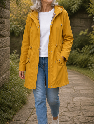 The Hadley plaid-lined hooded rain jacket in yellow