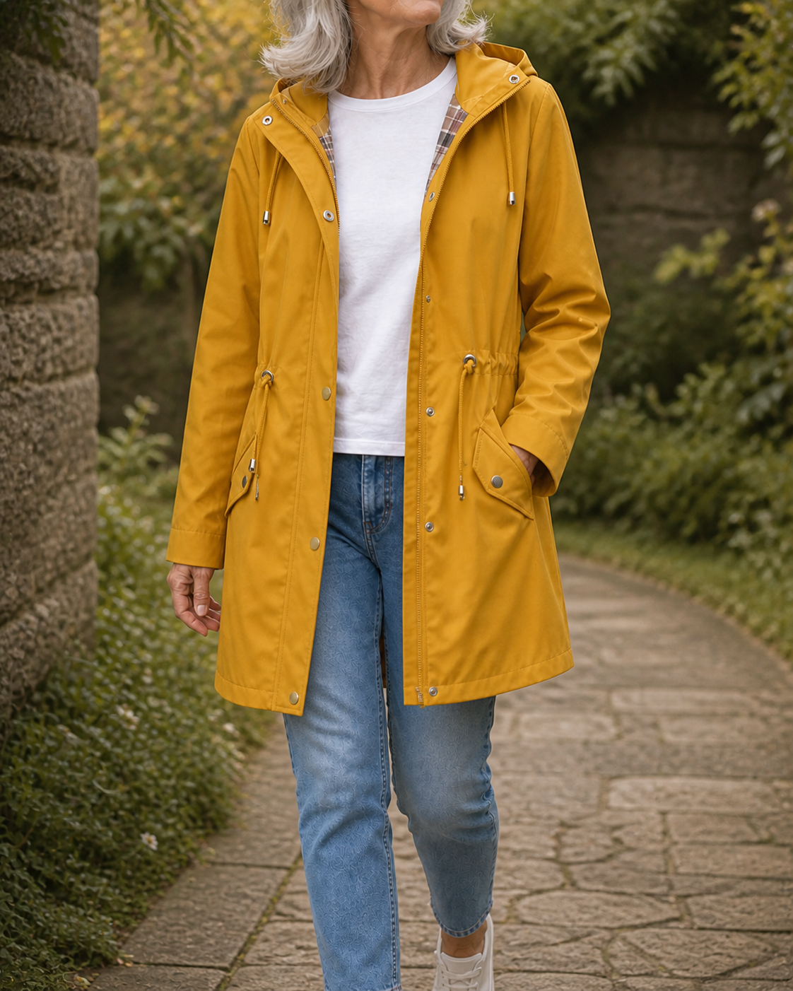 The Hadley plaid-lined hooded rain jacket in yellow