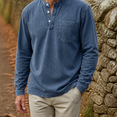 Faceless styling of the navy Saltwater long-sleeve Henley