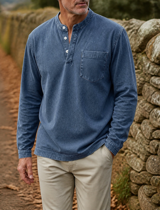 Faceless styling of the navy Saltwater long-sleeve Henley
